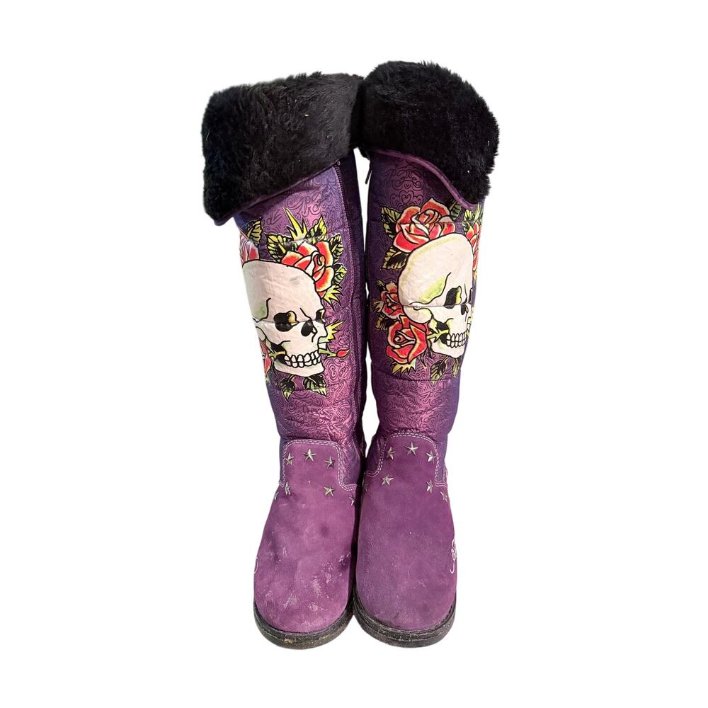 Y2K Don Ed Hardy Purple Suede tall knee boot skulls stars black faux fur cuff 9